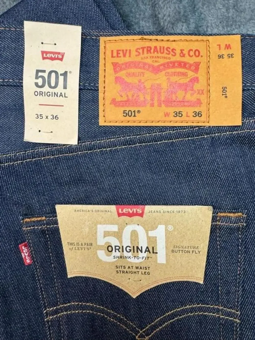 Levi's 501 Jeans Mens 35x36 Blue Raw Denim Straight Shrink-To-Fit Button Fly